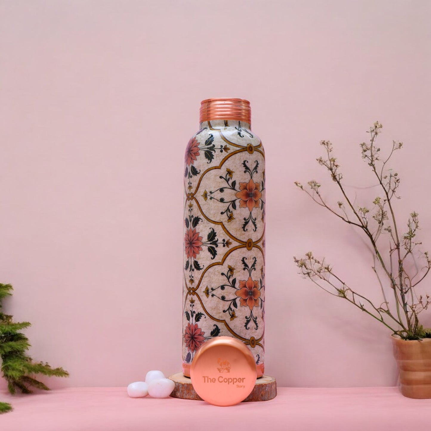 Vintage Floral Print Pure Copper Water Bottle ( 1 Litre )