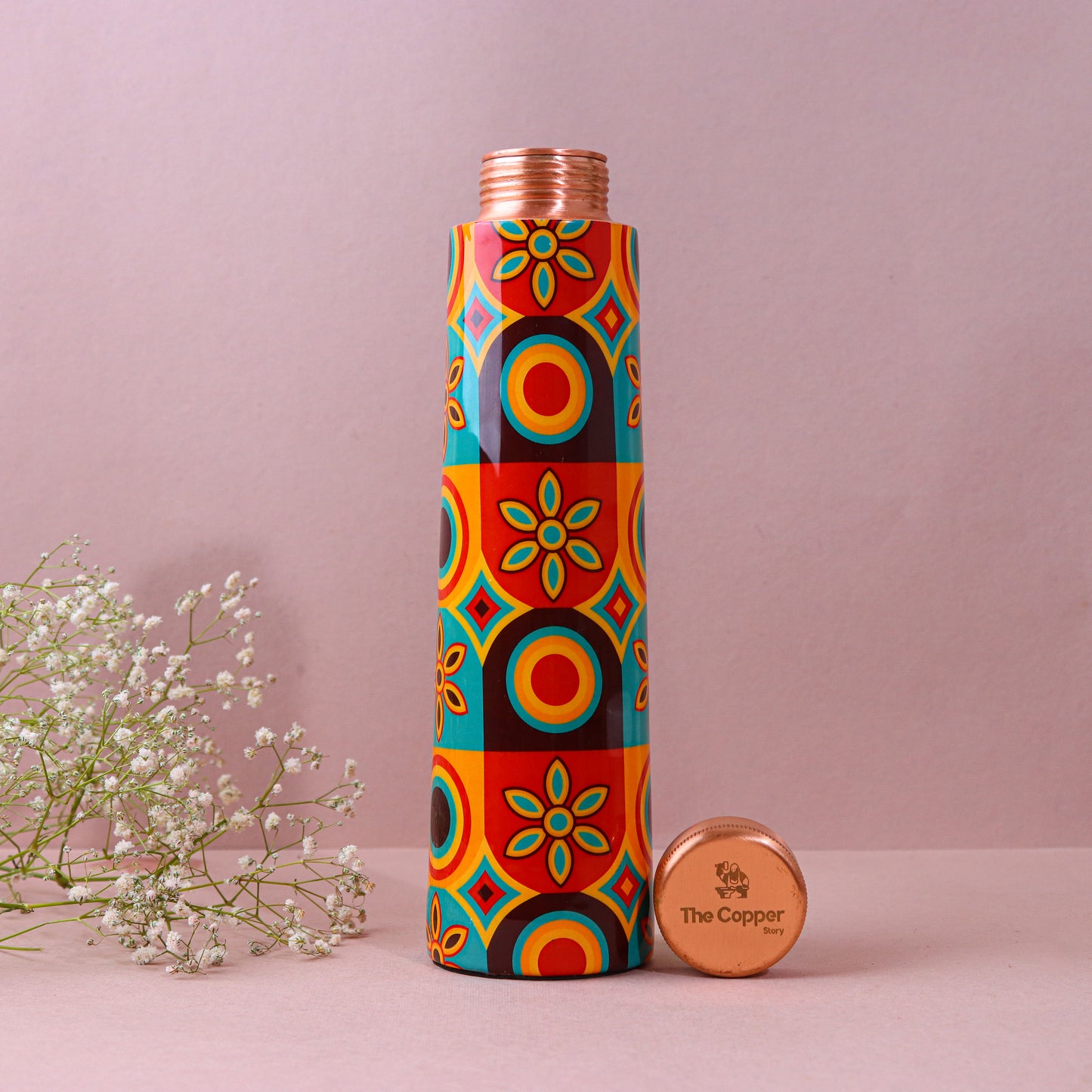 Retro Circles Print Pure Copper Water Bottle ( 1 Litre )