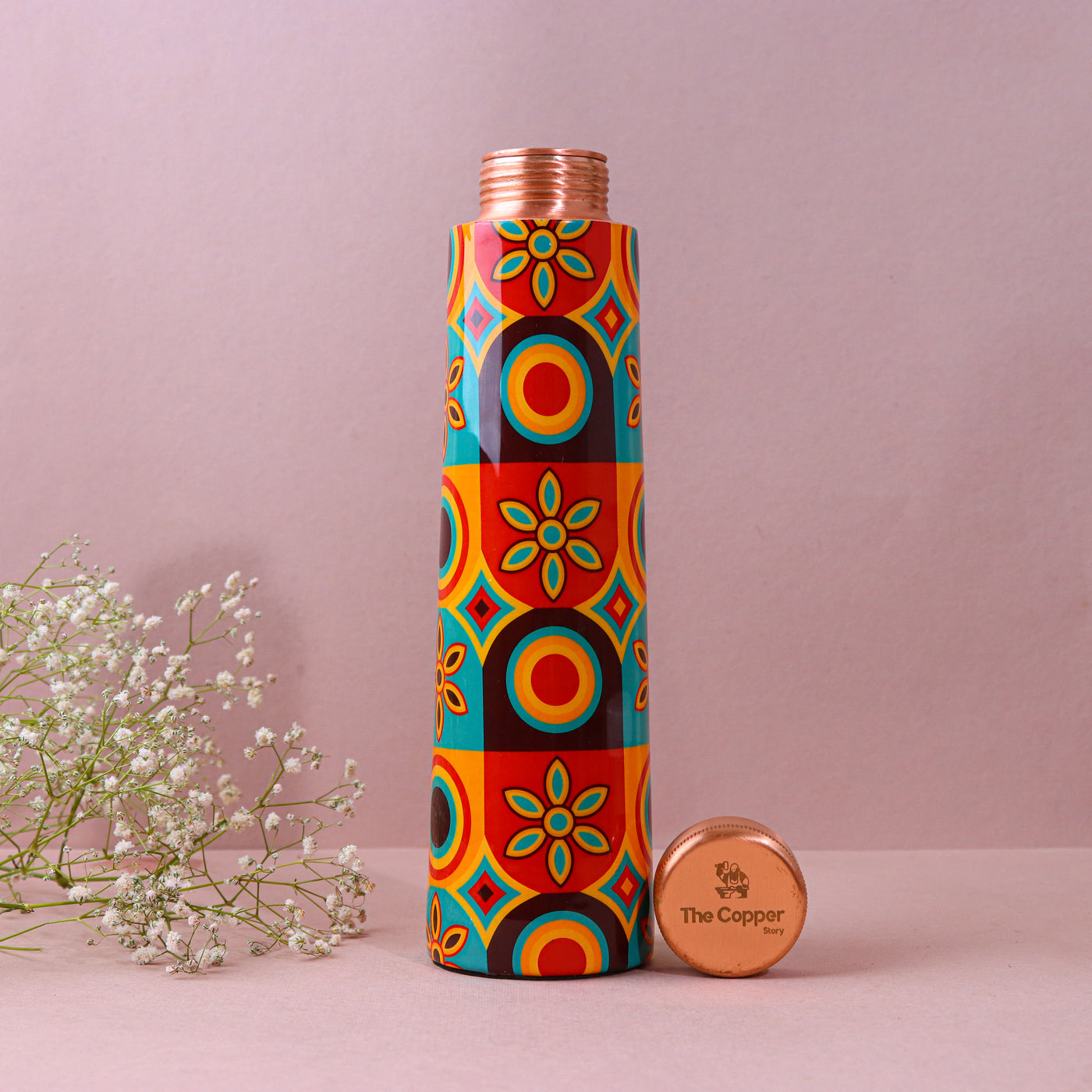 The Copper Story Retro Circles Pure Copper Bottle (1L) | Leakproof | 1L (1000ML)