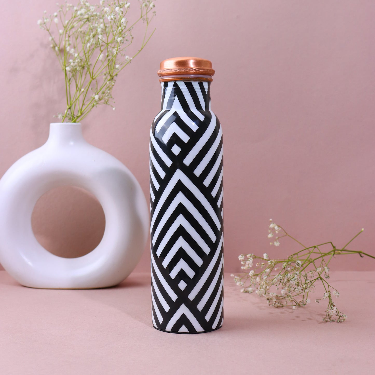 Monochrome Chevron Print Pure Copper Water Bottle ( 1 Litre )