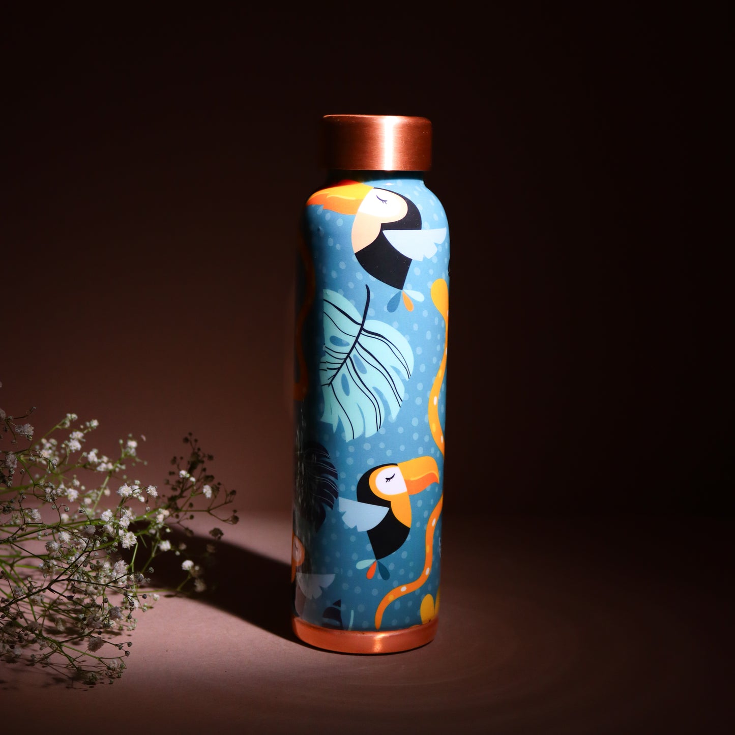 Azure Leaf & Bird Print Pure Copper Water Bottle ( 1 Litre )