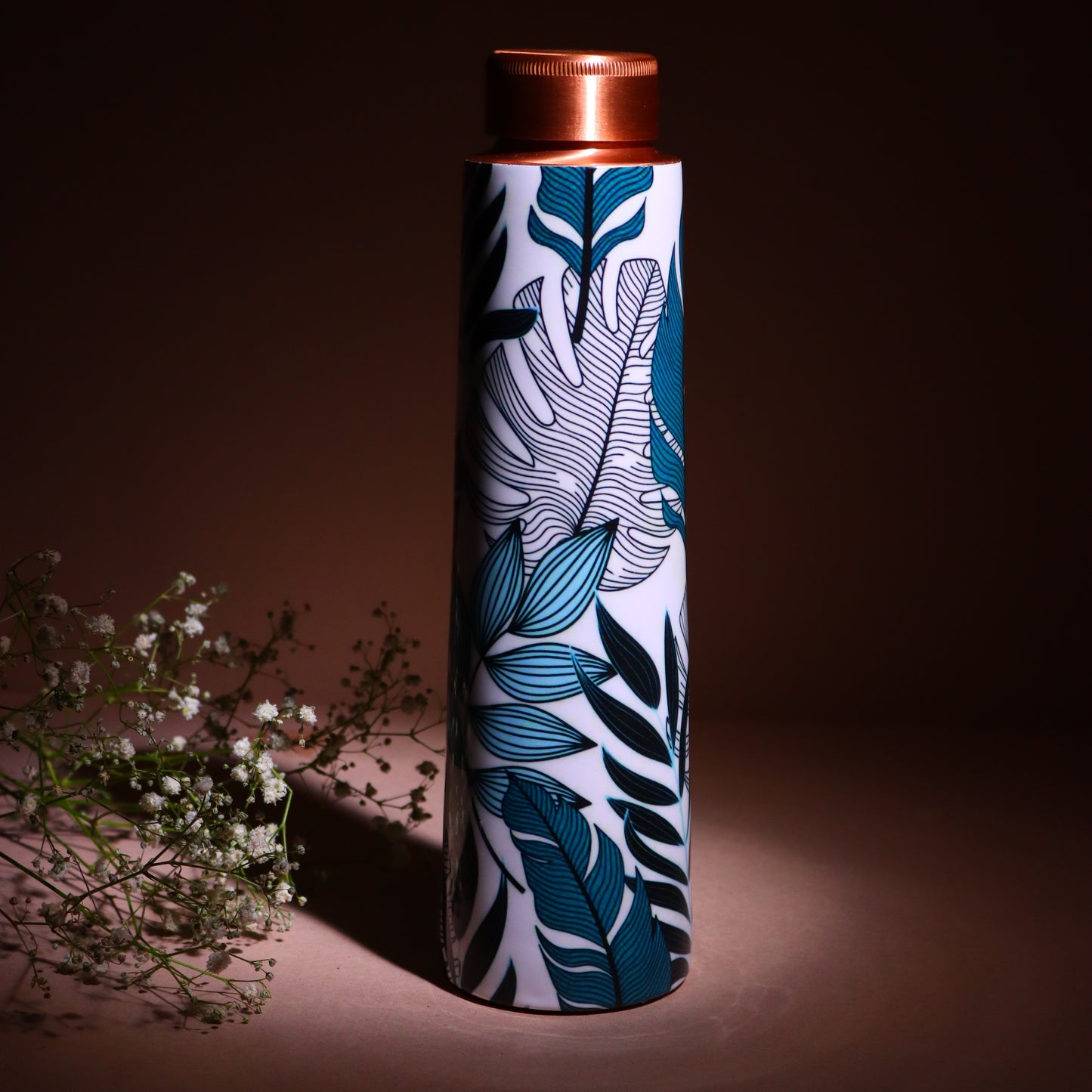 Serene Leaf Print Pure Copper Water Bottle ( 1 Litre )