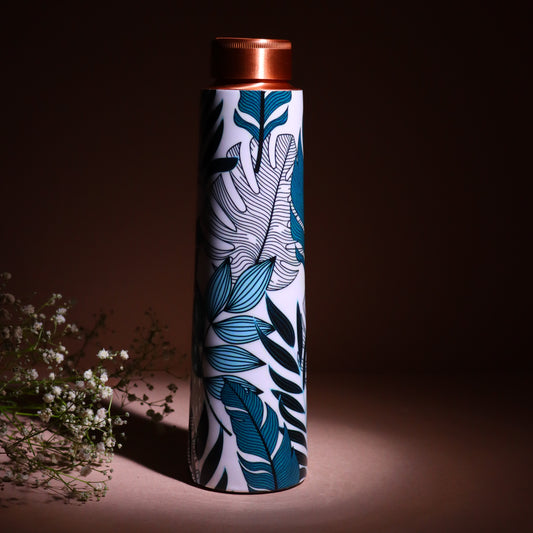 Serene Leaf Print Pure Copper Water Bottle ( 1 Litre )