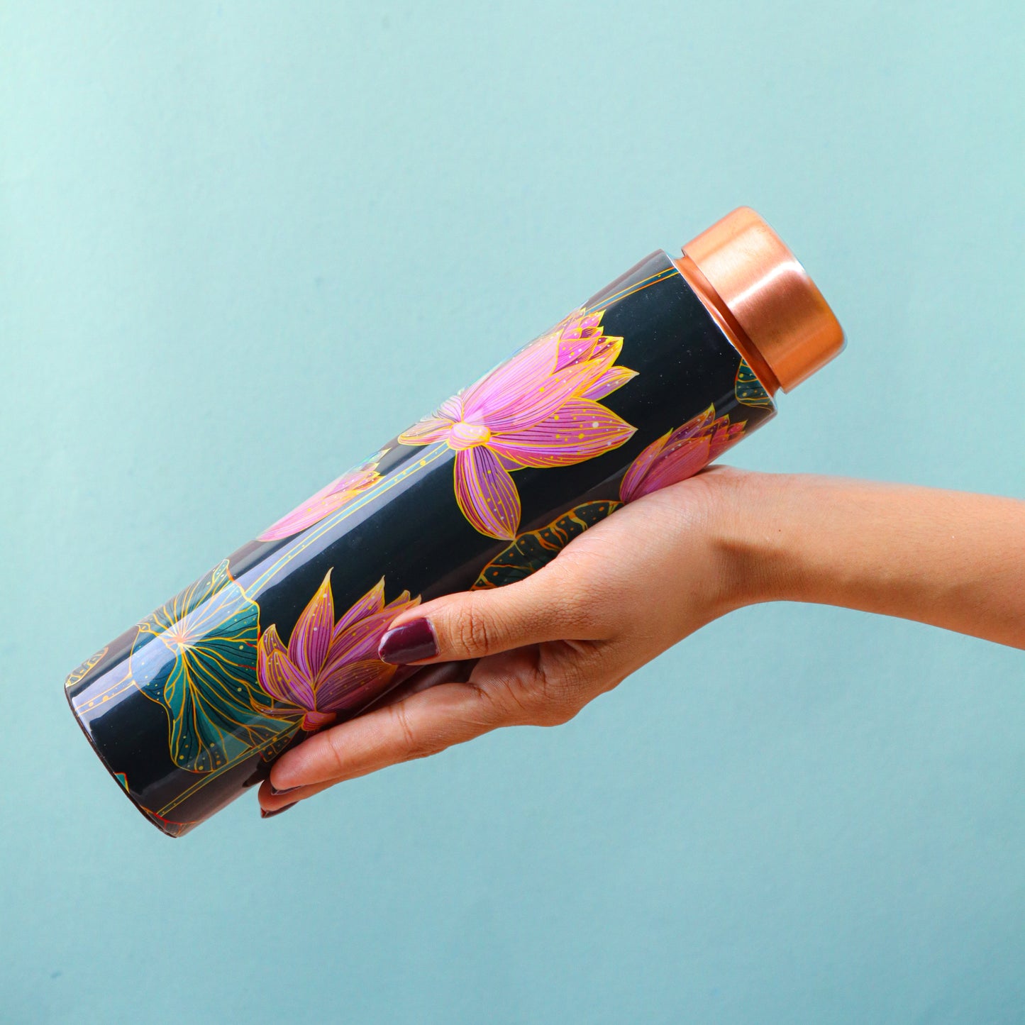 Midnight Lotus Print Pure Copper Water Bottle (750 ML)