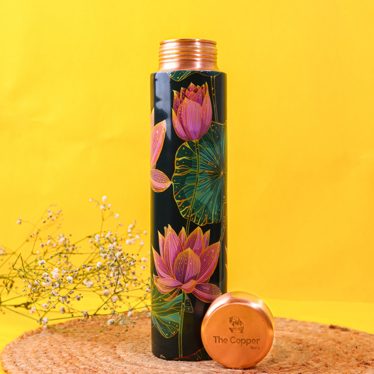 Midnight Lotus Print Pure Copper Water Bottle (750 ML)